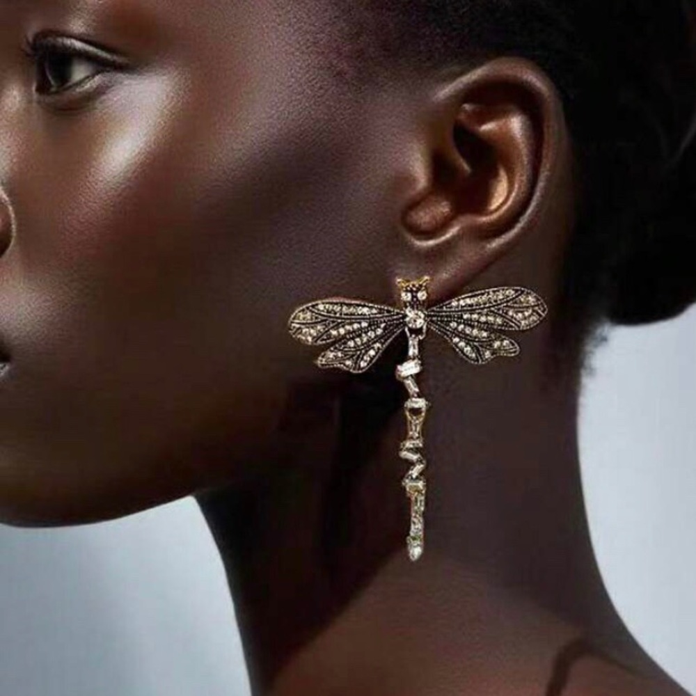 New Zara Sparkle Dragonfly Statement Earrings - Picture 14 of 16